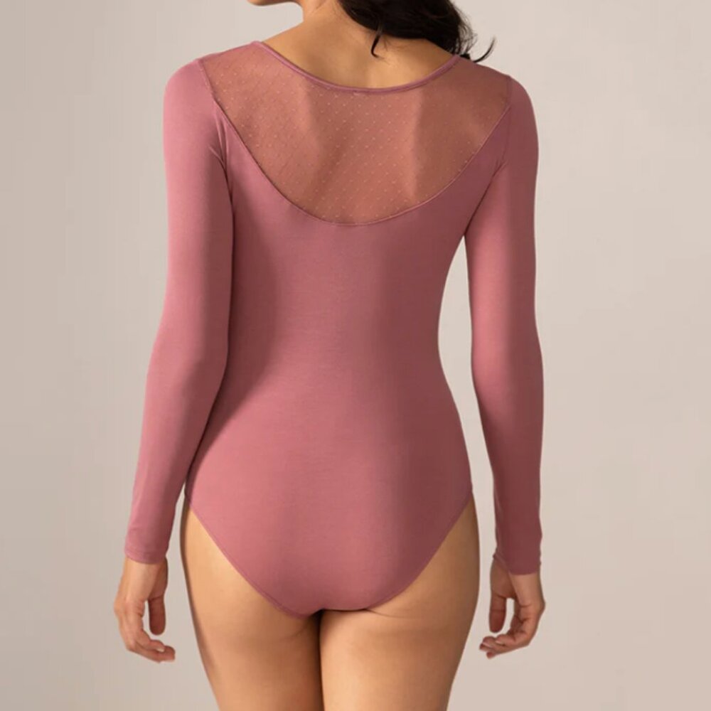 Rachel - Longsleeve Bodysuit with Sheer Back in Rosewood - XS